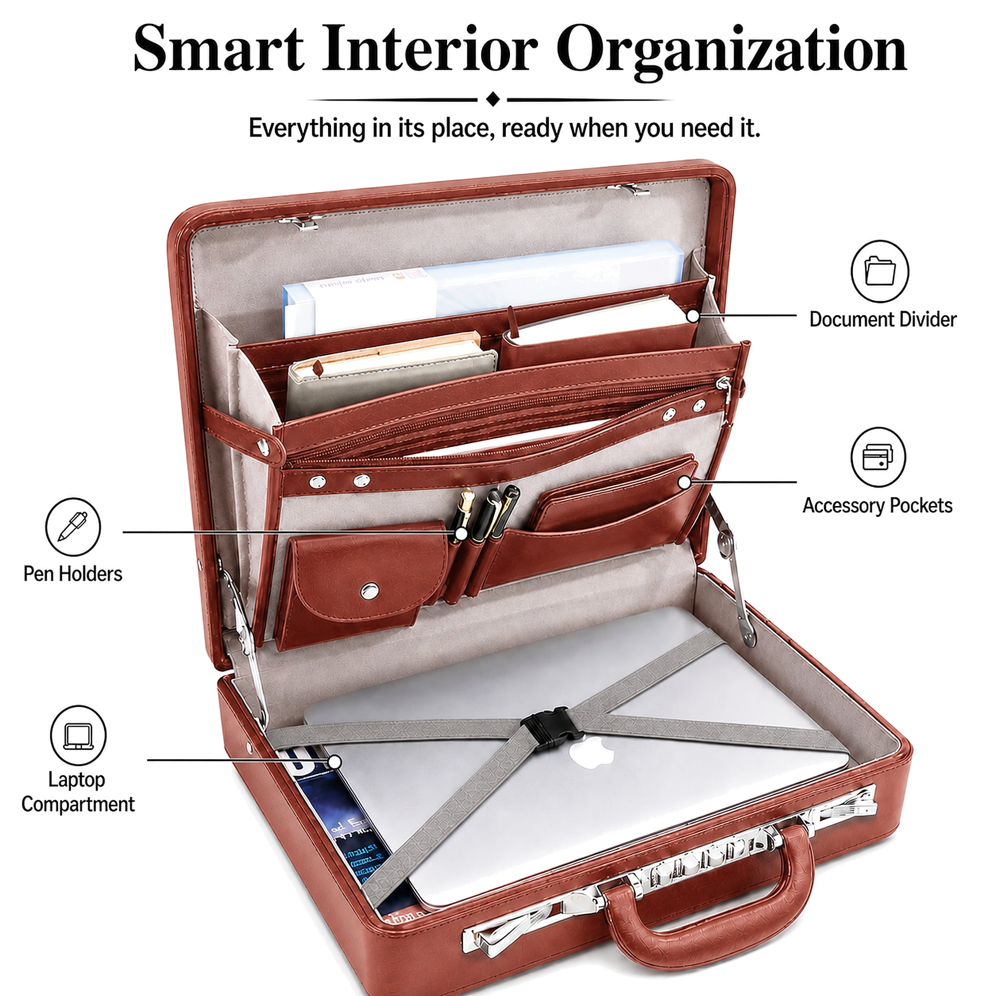 HAESTUS Briefcases for Men, Professional Leather Briefcase with Lock, Hard Shell Business Brief Case, Attache Case for 15.6" Laptop, Mens Hard Briefcase for Work Office Travel, Brown | Center Lock
