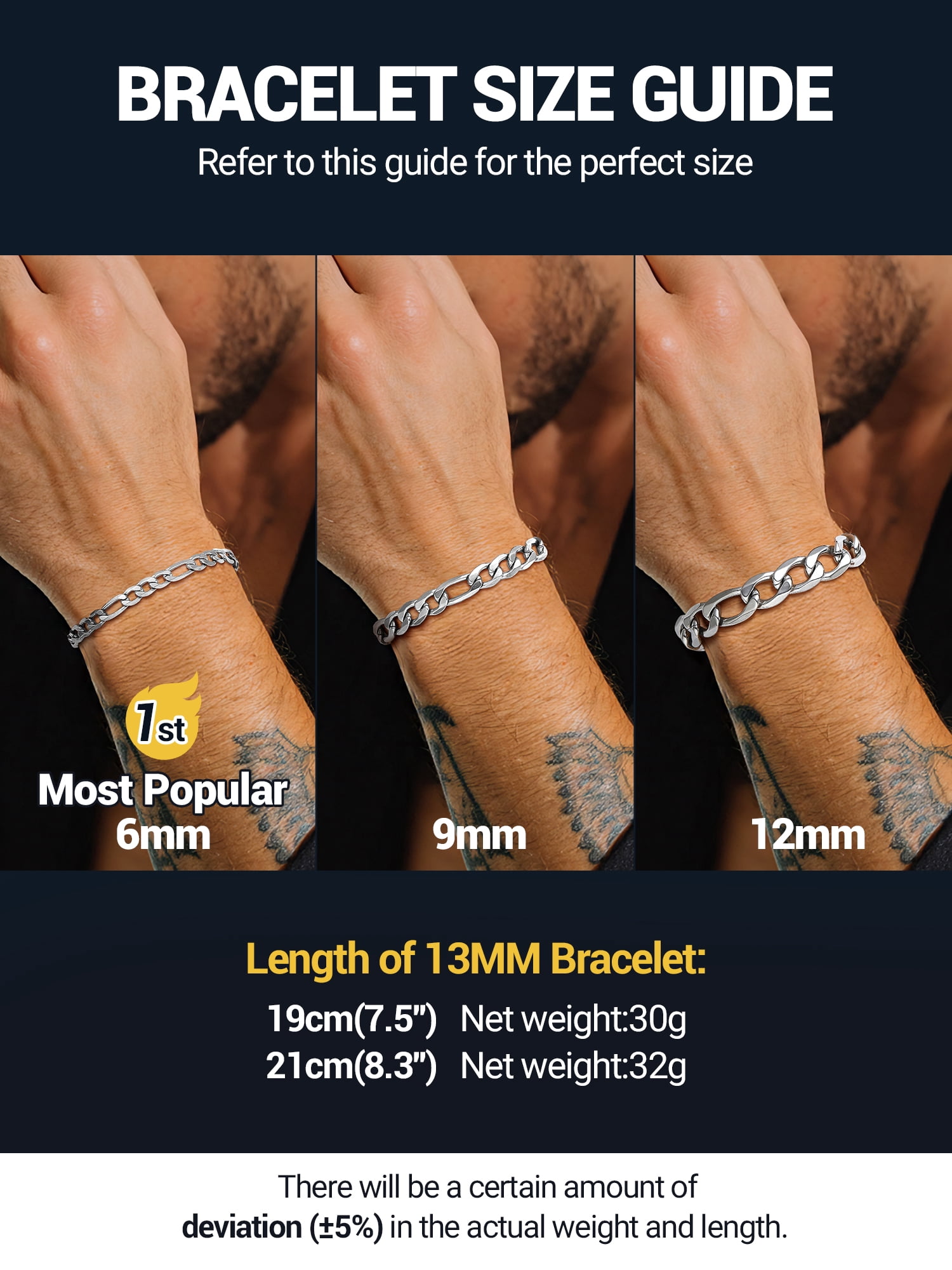 PROSTEEL Bracelet for Men Stainless Steel Figaro Chain Wrist Link Bracelets 13MM 8.3 inch Boyfriend Silver Birthday Father Day Jewelry Gift for Him Dad Son Adult Age