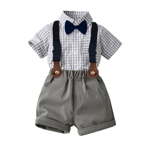 Toddler Baby Boys Formal Suit Gentleman White Bow Tie Shirt Tops  Suspender Shorts Bib Pants Overalls Clothes 4pcs