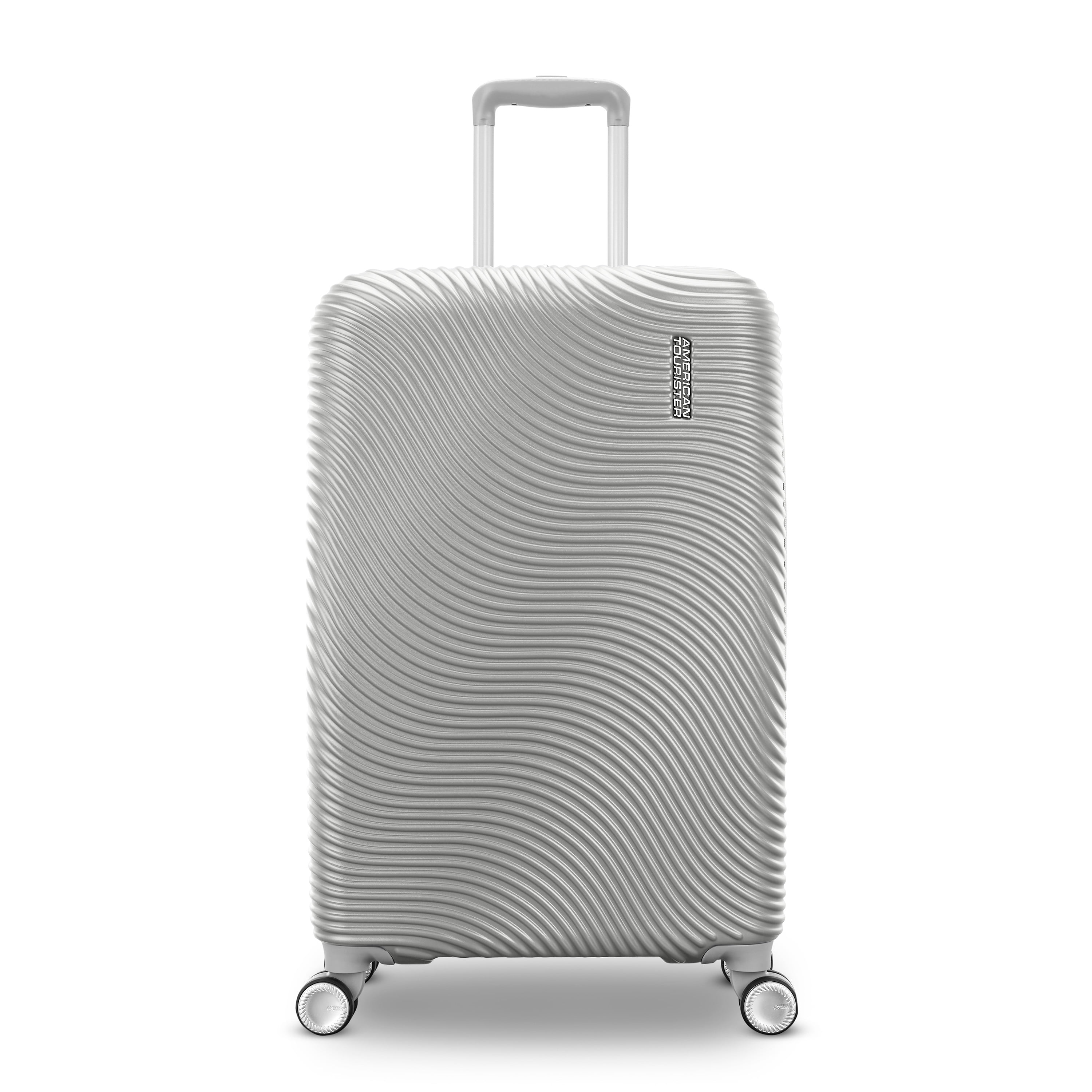 American Tourister Color Waves Medium Checked Expandable Luggage Suitcase with Spinner Wheels, Silver
