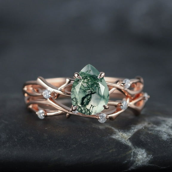 Pear Cut Moss Agate Diamond Engagement Ring Set 14K Gold Moissanite Branch Twig Promise Wedding Rings Bridal Set For Women