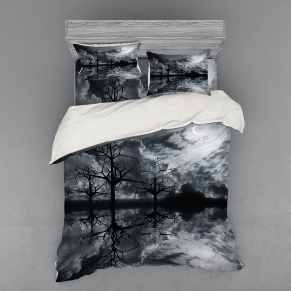 Ambesonne Landscape Bedding Set 4 Pcs, Trees Night Sky Cloud, Queen, Black White Grey