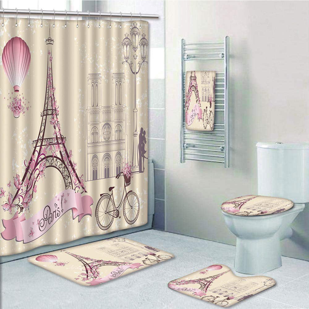 Paris Tower and Garden Shower Curtain Toilet Cover Rug Bath Mat Contour Rug Set 