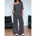 thumbnail image 4 of Women'S 2 Piece Travel Outfits Casual Short Sleeve Knit Sweater Set Wide Leg Pants Lounge Sets Dark Gray XL, 4 of 8