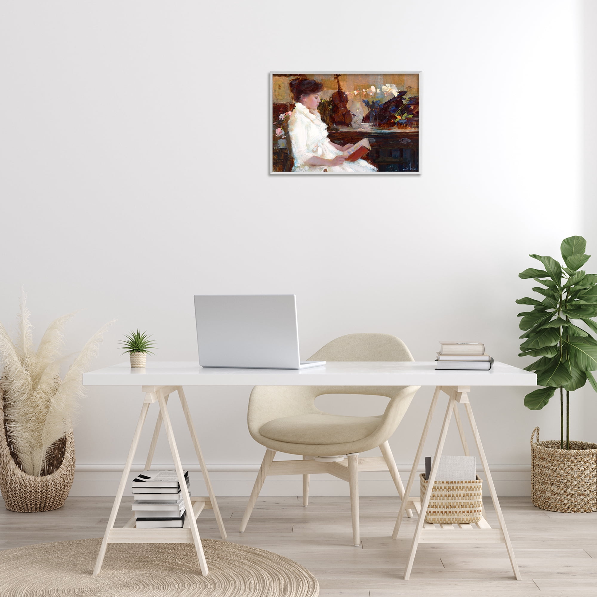 Stupell Industries Classic Girl Reading Novelty Painting White Framed Art Print Wall Art, 24 x 16