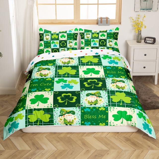 Erosebridal Housse de Couette de la Saint-Patrick Simple, Ensembles de Literie Gnome Drôle Taille Simple, Literie Réversible Patchwork Trèfle Taille Simple, Microfibre Décor de Chambre, 2 Pcs (Sans Couette)
