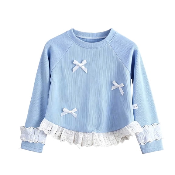 FAIWAD Girls Long Sleeve Tops Crew Neck Ribbed Knit Casual Pullover Cute Lace Trim Bow Shirts