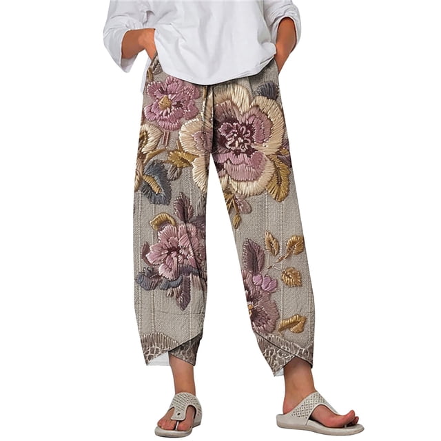 Pantalones de Verano de Pierna Ancha Moda Suelta Impresa Capris, Pantalones Casuales Cómodos de Piernas Anchas para Uso Al Aire Libre Y en el Hogar