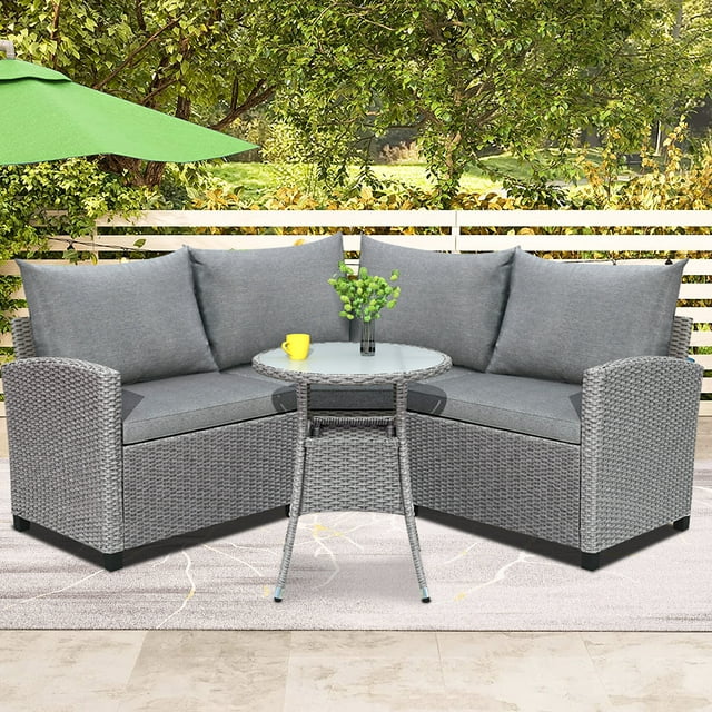 4 Piece Patio Dining Set, 3 Rattan Wicker Chairs and Coffee Table, All-Weather Patio Conversation Set with Cushions for Backyard, Porch, Garden, Poolside, L4654