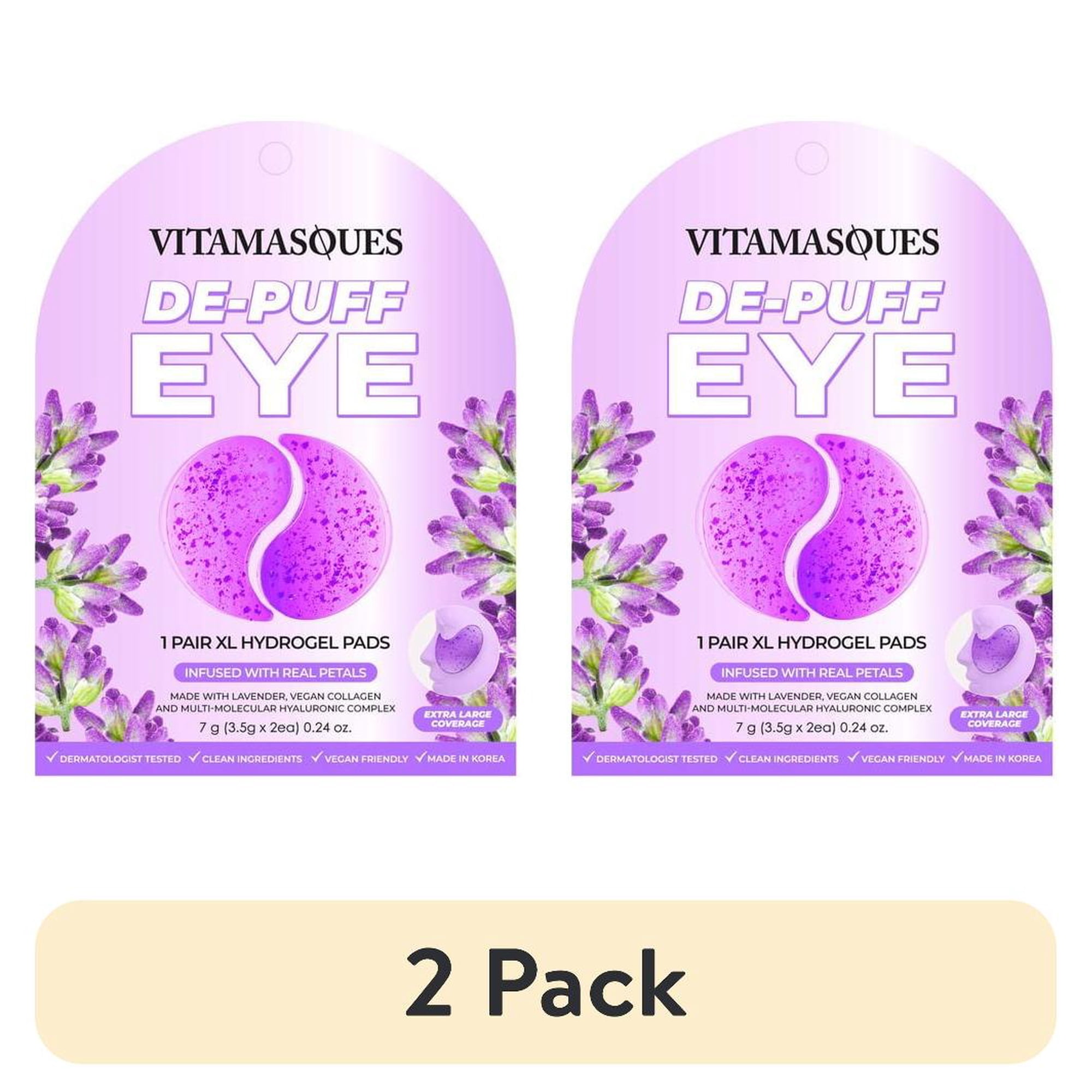 (2 pack) Vitamasques De-Puff Hydrogel Eye Pads, with Lavender & Vegan Collagen, 1 Pair