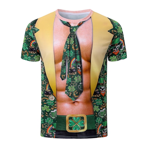 IWRICH Men's St Patricks Day T-Shirts 3D Printed Shamrock Tuxedo Tees Shirt Clover Leaves Casual Short Sleeve Shirts 04-Green XS