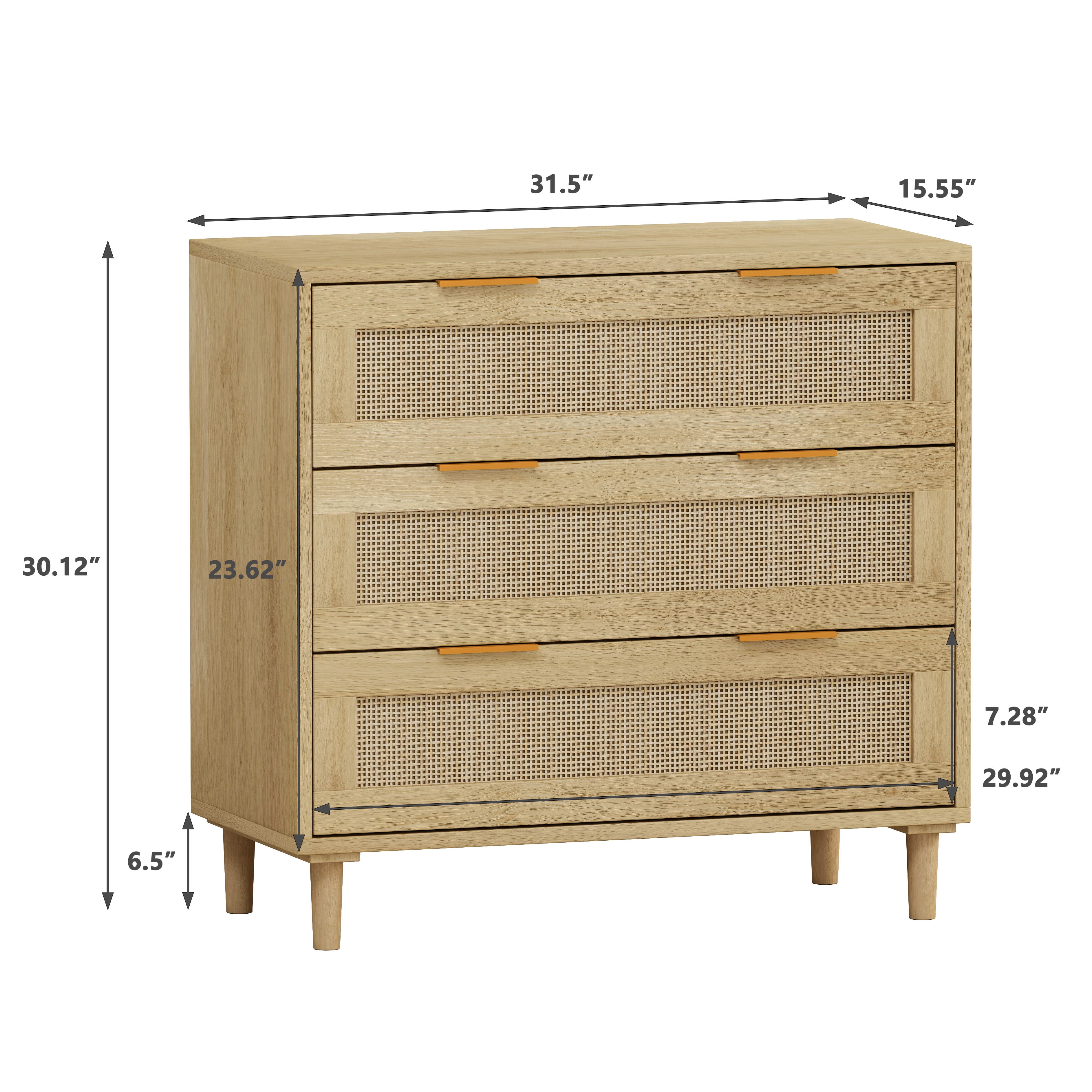 Aukfa 3 Drawer Dresser Nightstand with Rattan Storage Drawer for Bedroom Living Room, Oak
