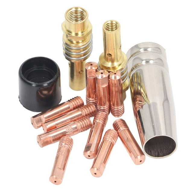 14-Piece Red Copper MIG/MAG Welding Torch Accessory Kit: 10 Conductive Contact Tips (0.88MM), Gas Nozzle, Connecting Rod & Cover - Durable Replacement Parts for 15AK Torches, Easy Installation,