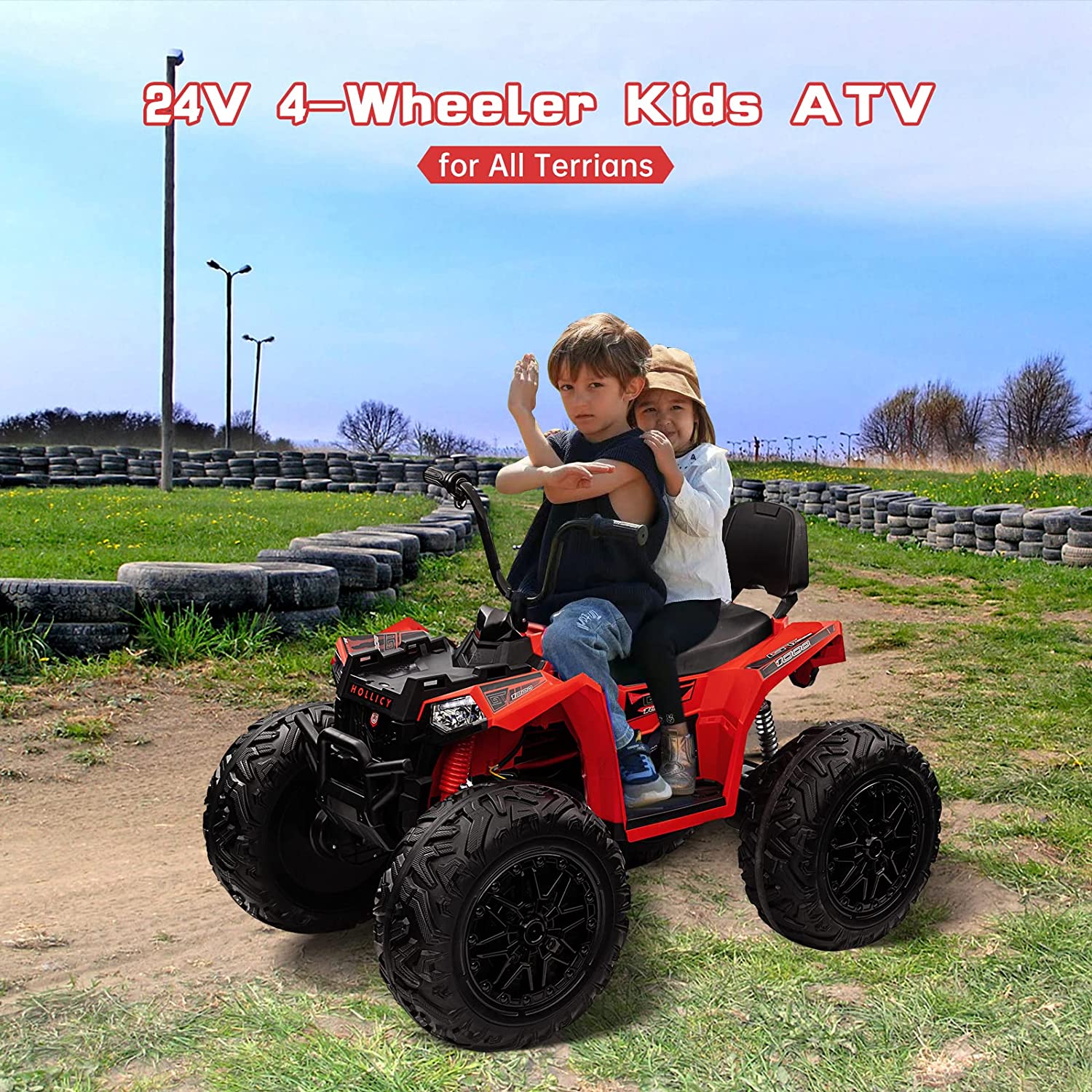 Electric ATV 24v Quad Ride on Toy – 4WD Battery Powered Vehicle with Dual 7AH Batteries, 4×80w Strong Motors, EVA Rubber Wheels, Handlebar Throttle, LED Lights & Built-in Music, Red