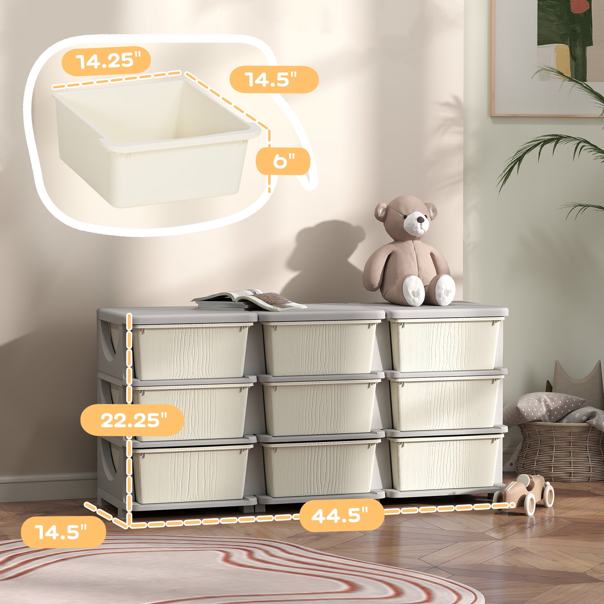 Qaba 3 Tier Kids Storage Unit w/ 9 Drawers Chest Toy Organizer Plastic Bins for Kids Bedroom Nursery Living Room for Boys Girls Toddlers, Cream White