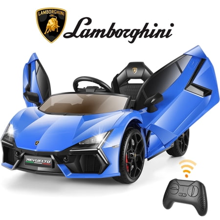 Funcid 12v Licenced Lamborghini Ride on Car Toys with Remote Control, Electric Cars for Kids w/ 3 Speed, Swing-Up Scissor Door, LED Lights, Suspension, Bluetooth, Music, MP3, Blue