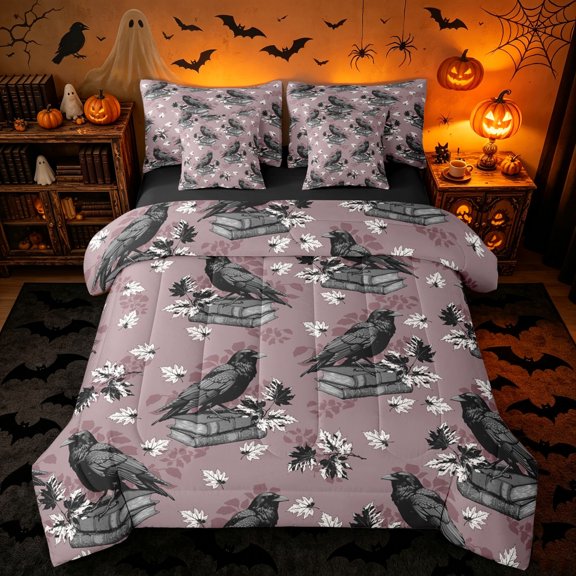Erosebridal Raven Book Twin Bedding, Vintage Floral Bedding Comforter Set, Thistle Gray, Black Reversible, 7pcs