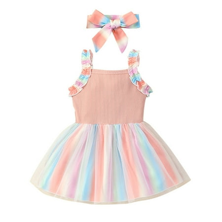 

Beiwei Baby Rainbow Print Mesh Party Dress Square Neck Strappy Sundress Newborn Swing Hem Summer Slip Dresses