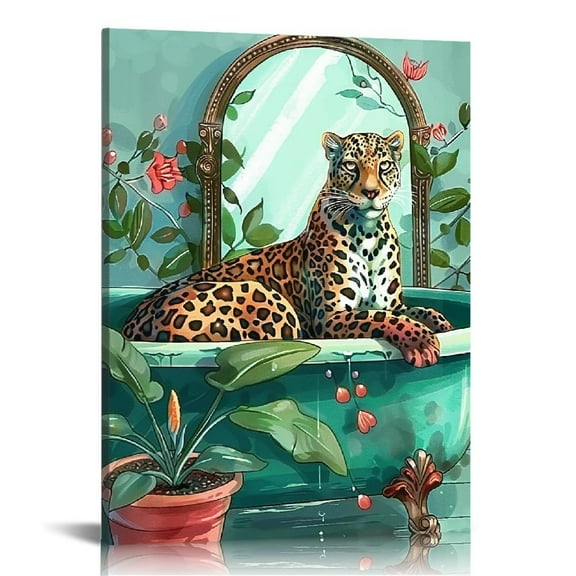 ARISTURING Bathroom Animal Canvas Wall Art Jungle Animal Leopard Painting Art Prints for Home Bedroom Decor Framed Ready to Hang (Green, Small)