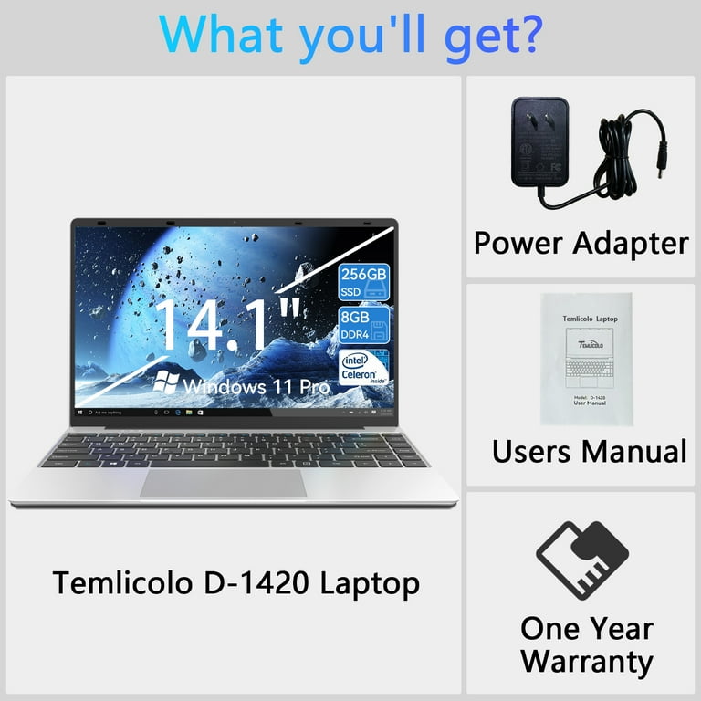 Temlicolo 14.1in Laptop, Windows 11 Pro, 8GB DDR4, 256GB SSD