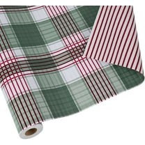 Reversible Geometric Plaid Wrapping Paper, 17 Inch x 33 Feet (47 sq.ft) Green Plaid Tartan, Red and White Stripe Printed Gift Wrap Paper for Christmas, Holiday, Season Party Celebration