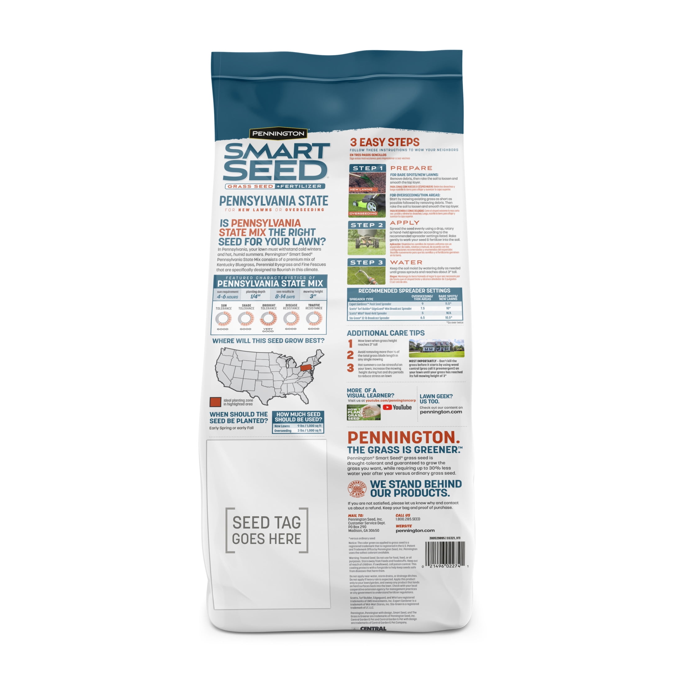 Pennington Smart Seed Pennsylvania State Grass Seed Mix, for Sun to Partial Shade, 7 lb.