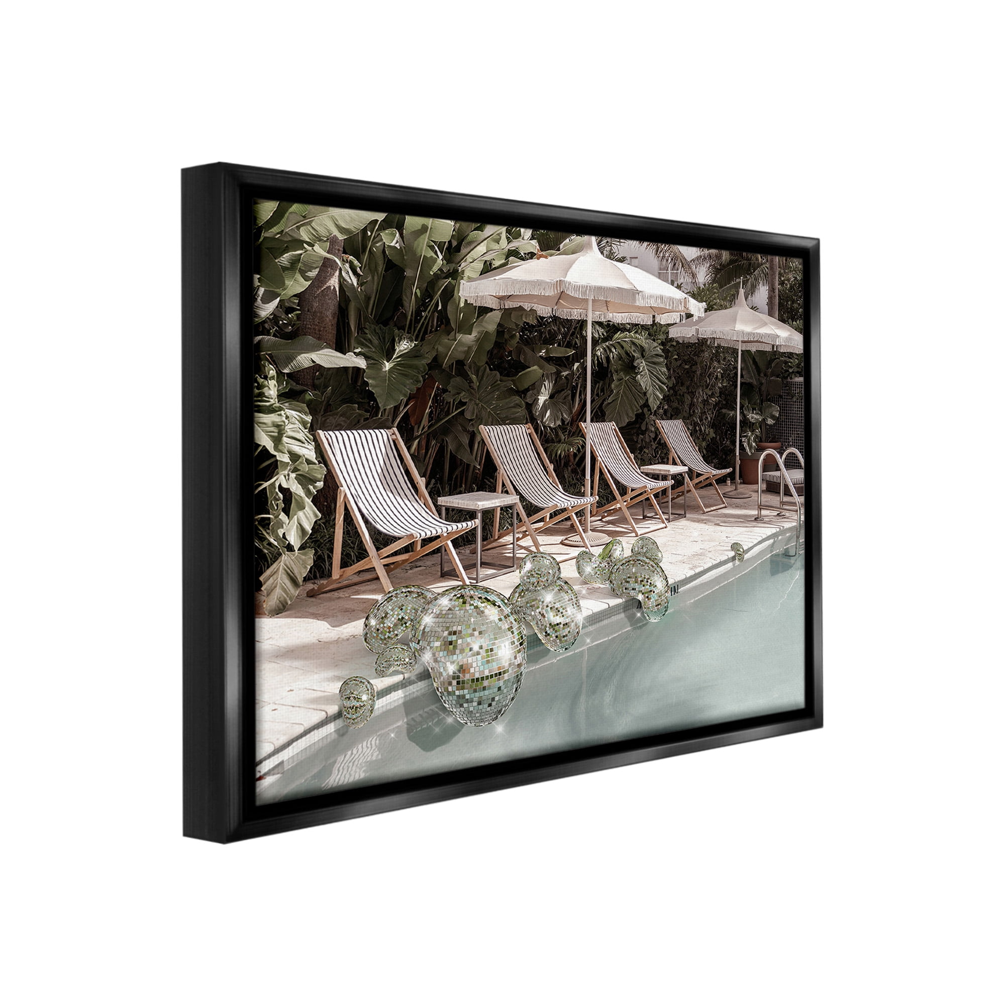 Stupell Industries Disco Balls at Pool Nature Painting Black Floater Framed Canvas Art Print Wall Art, 31 x 25