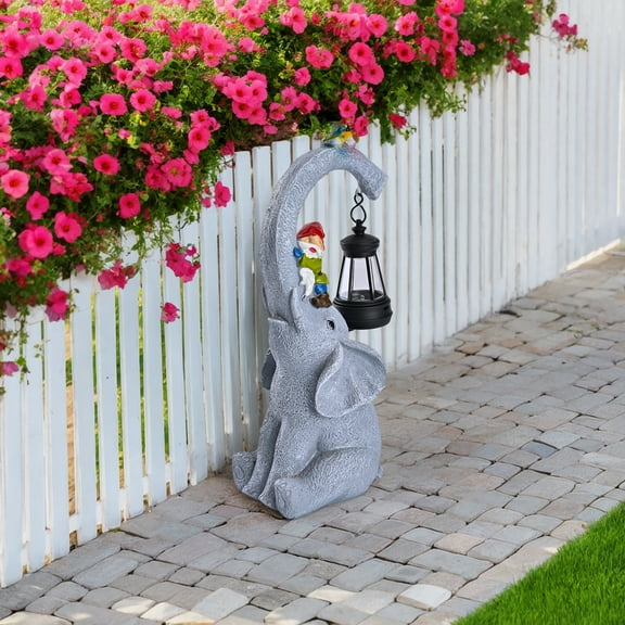 Resin Elephant Garden Statue with Lantern Lights and Dwarf, 1 Count