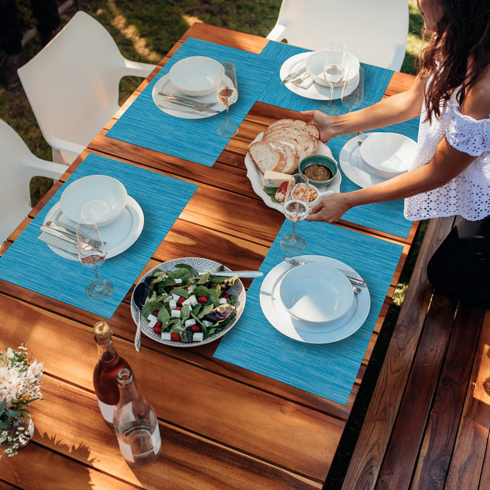 Stcomart Set of 8 Blue Vinyl Placemats - 12 x 18 Inches Washable PVC Table Mats for Dining Room Kitchen