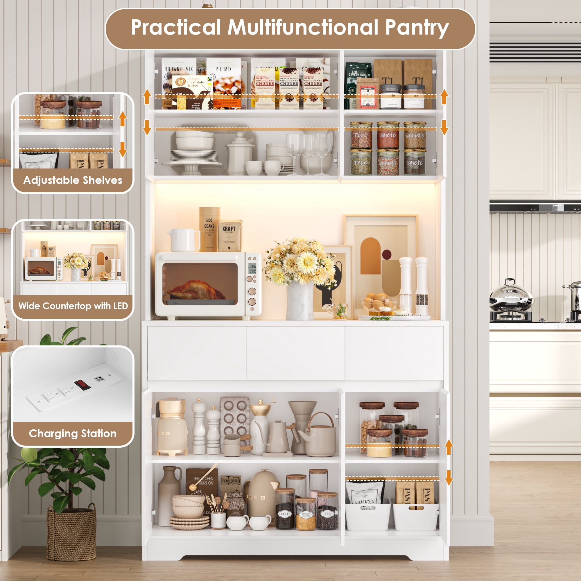 Homfa 70.9'' Tall Kitchen Pantry Cabinet with Charge Station & Led Light, 3 Drawer Storage Cabinet with Adjustable Shelves, White