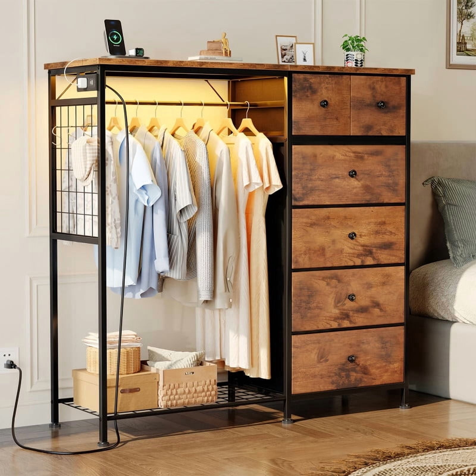 Kelno 6 Drawer Dresser with Hanging Rack LED Lights Charging Station Fabric Closet Organizer Storage Tower, Rustic Brown