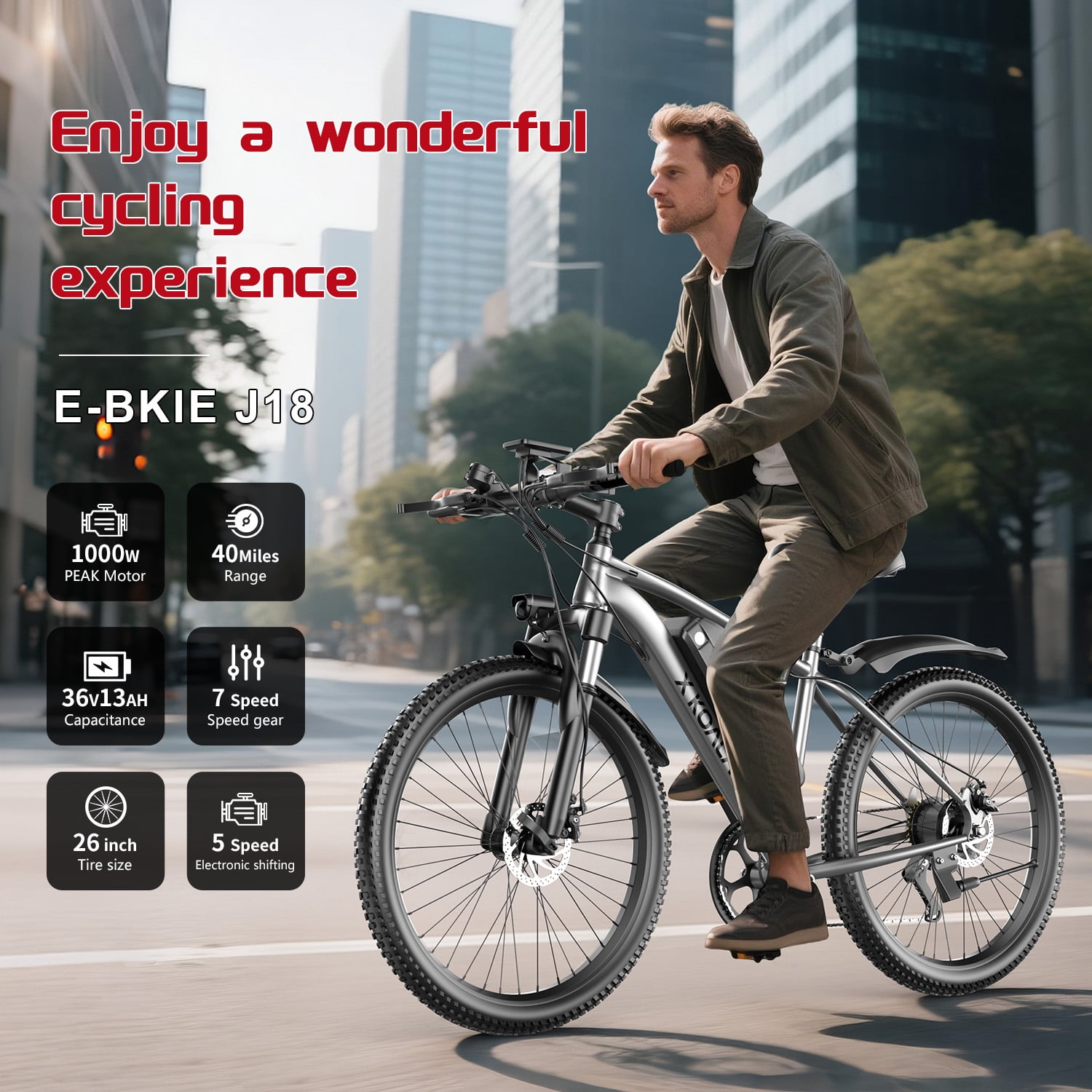 7-Speed E-Bike for Adults, 26" Electric Bicycle 1000W Peak Motor, 40 Miles 25MPH Commuting & Off-Road Electric Mountain Bike, IPX7 Waterproof, 5 Assist Levels, Dual Disc Brakes