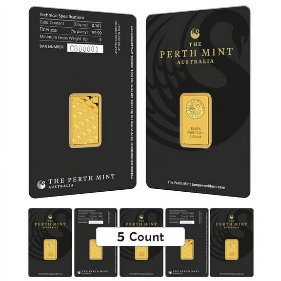 Lot of 5 - 5 Gram Perth Mint Gold Bar .9999 Fine (in Assay)