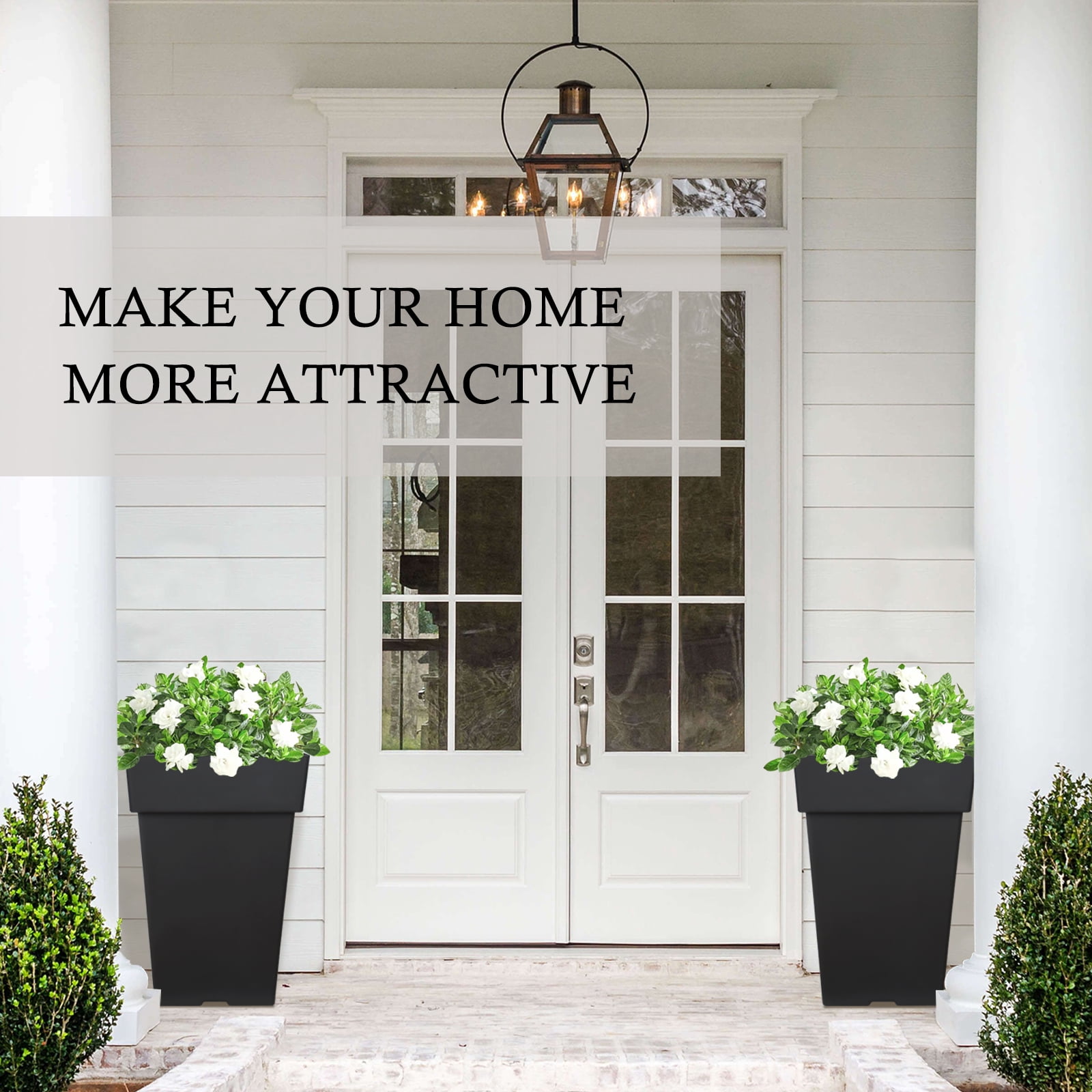 20 Inch Tall Planters for Outdoor Indoor Plants, Set of 2 Large Plastic Plant Pots Flower Pot Outdoor Planter for Front Porch Door Balcony Deck with Drainage, with Removable Wheel, Black 20"