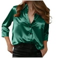 thumbnail image 3 of QATAINLAV Womens Satin Silk Blouse Button Down 3/4 Sleeve Collared Silky Shirt with Pockets Business Casual Work Tops, Green, M, 3 of 9