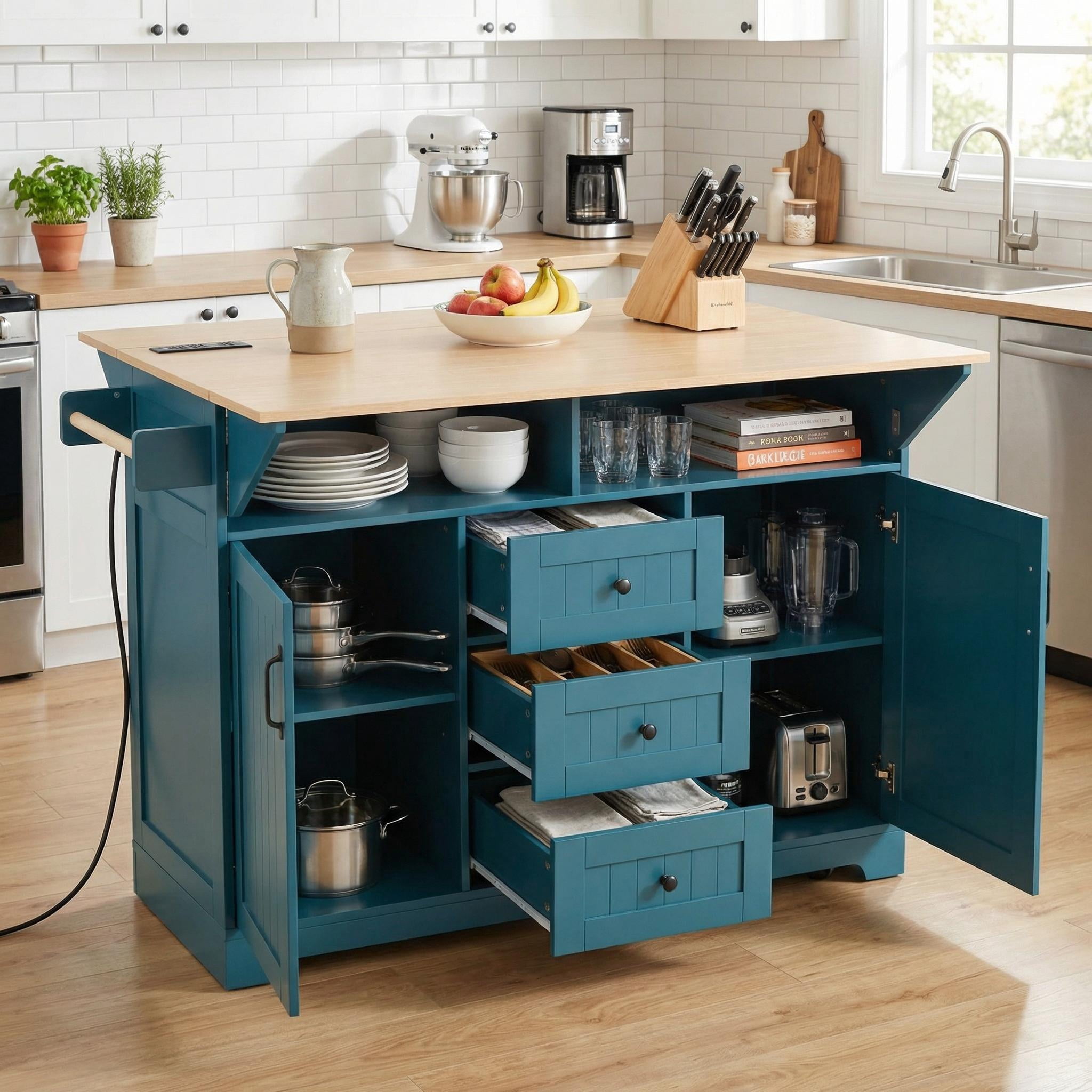 Homy Casa 55.7" Folding Kitchen Island with Power Outlet, Dual Drop Leaves and Storage Drawers