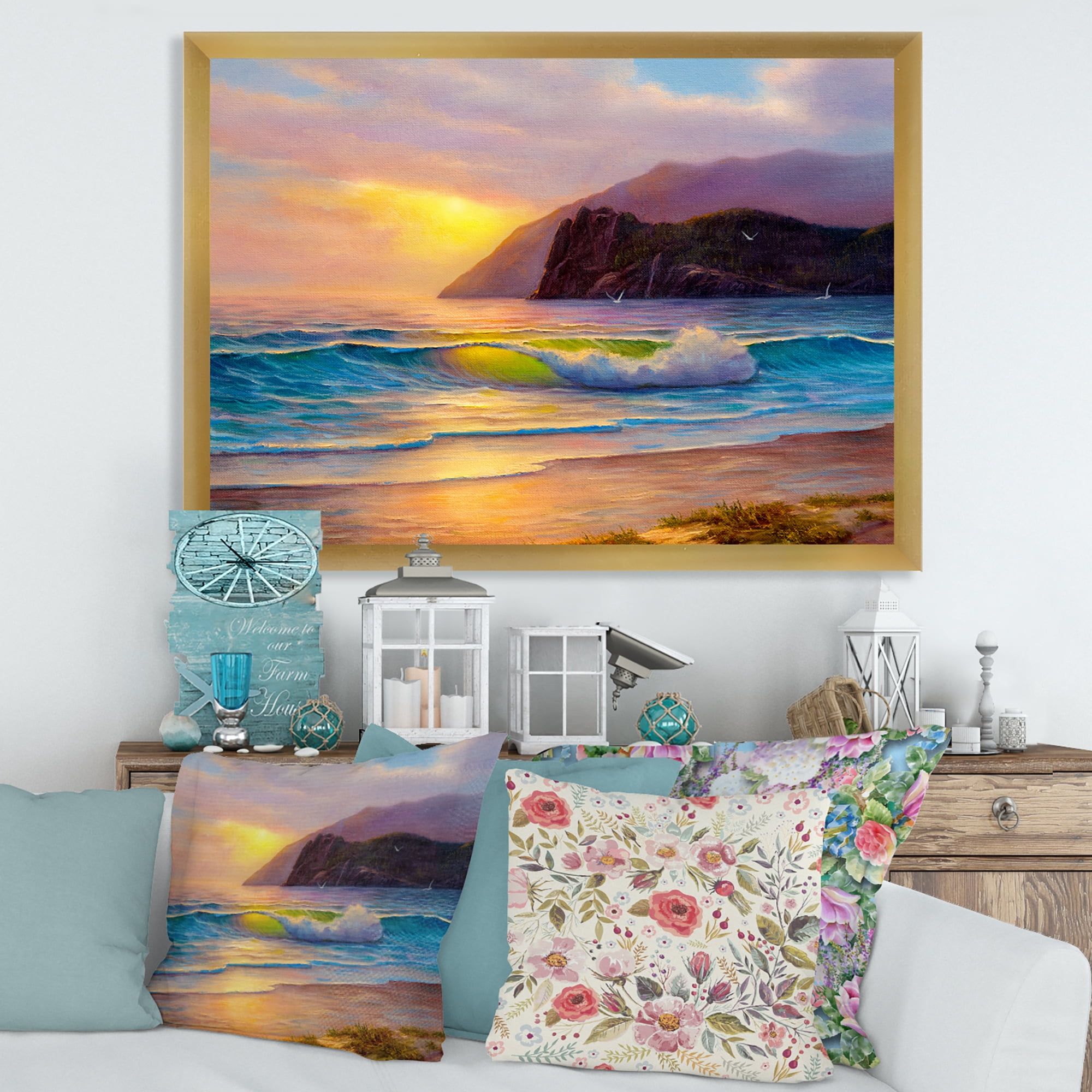Designart 'Sunrise Glow On The Sea Waves V' Nautical & Coastal Framed Art Print