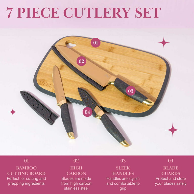  Paris Hilton Epic Nonstick Pots and Pans Set, 12-Piece, Pink &  Reversible Bamboo Cutting Board and Cutlery Set with Matching High Carbon  Stainless Steel Knives, 7-Piece Set Gold, Pink: Home 