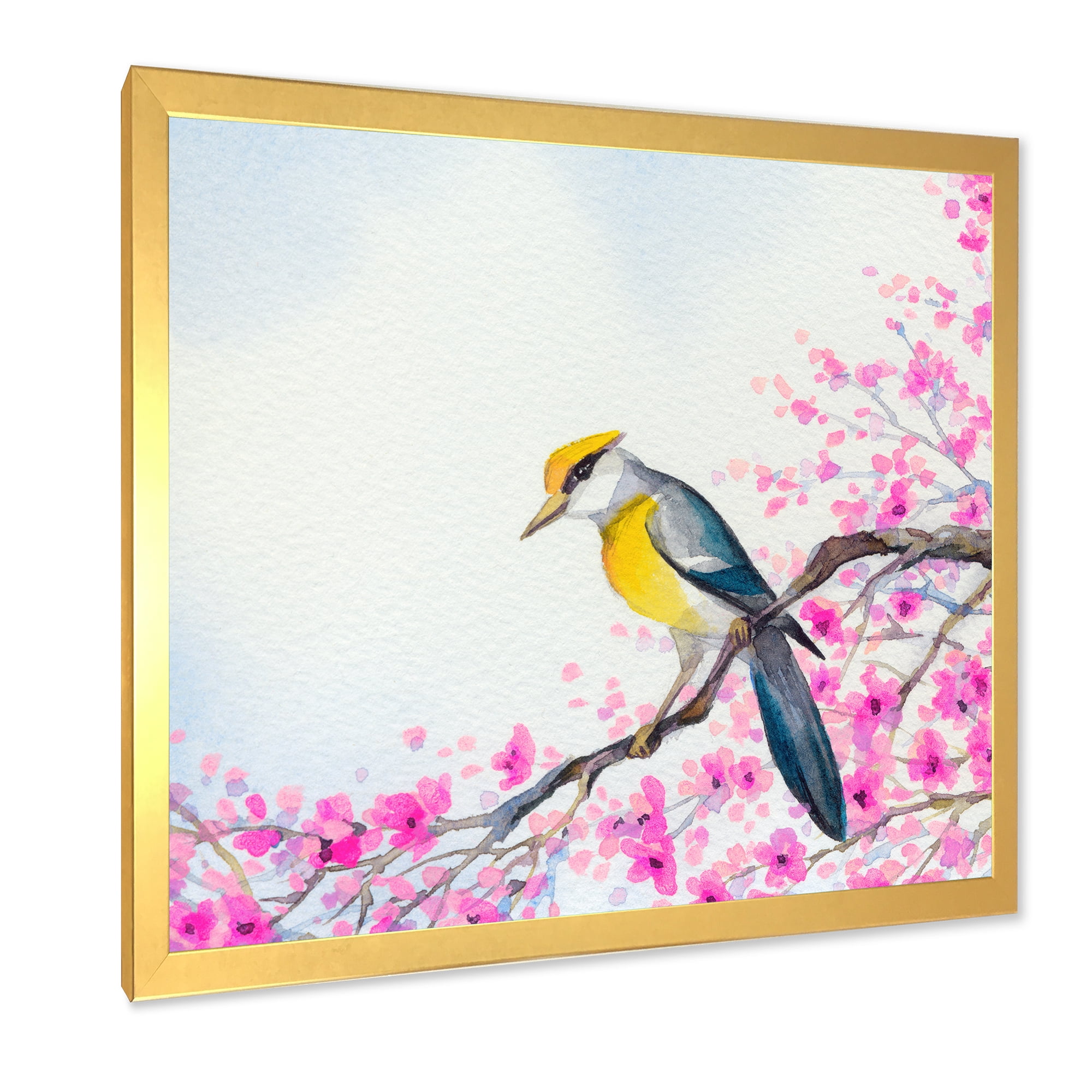 Beautiful Bird Sitting On Flowering Branch 16 in x 16 in Framed Painting Canvas Art Print, by Designart