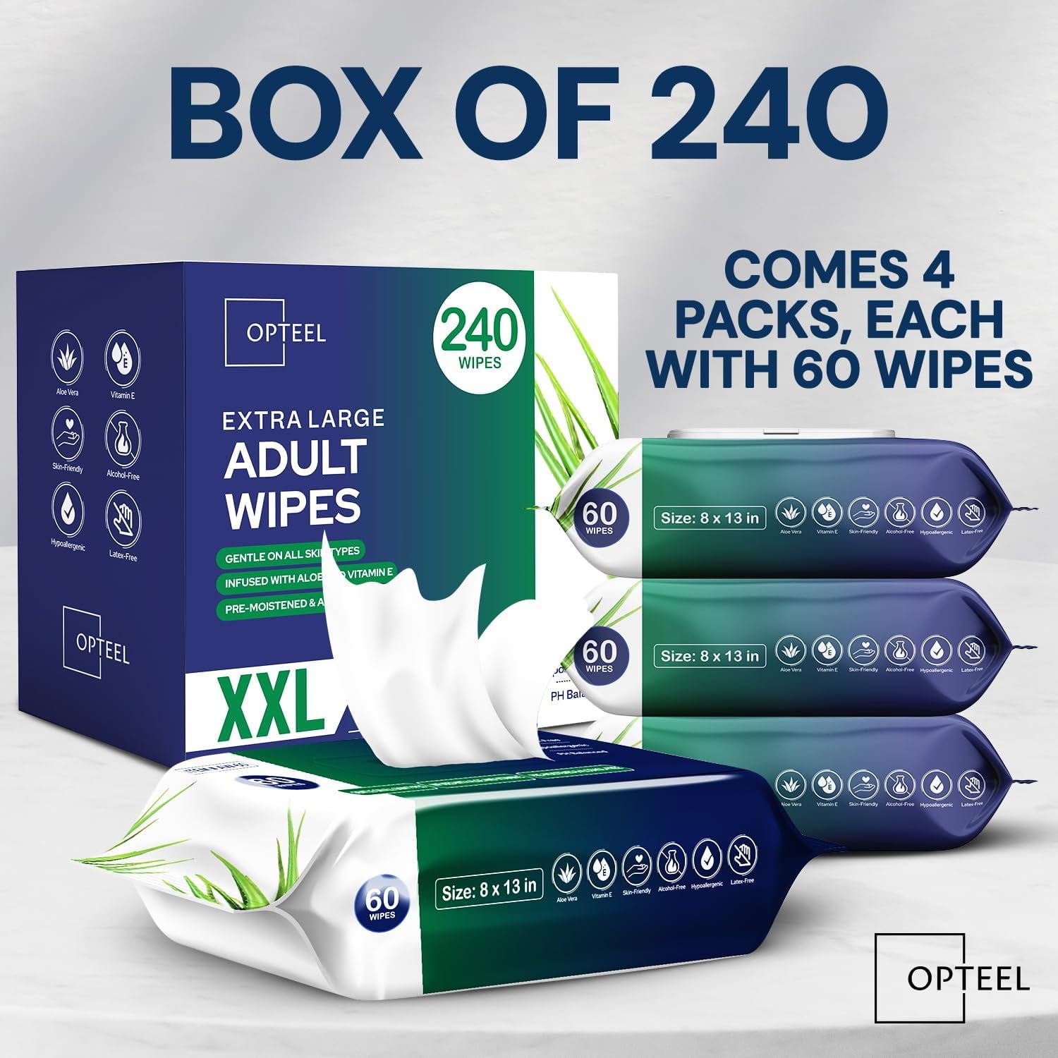 Adult Wipes For Elderly - 8"x13" 240ct (4 Packs of 60) Huge & Soft Non-Flushable Body Wipes for Adults Bathing No-Rinse - Incontinence Disposable Washcloths, Vitamin E & Aloe