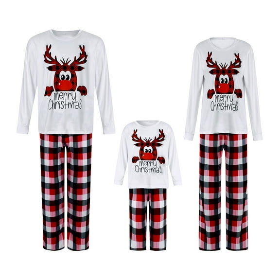 Family Matching Christmas Pajamas Set, Reindeer Print Long Sleeve T-Shirt   Plaid Pants Sleepwear for Adults, Kids