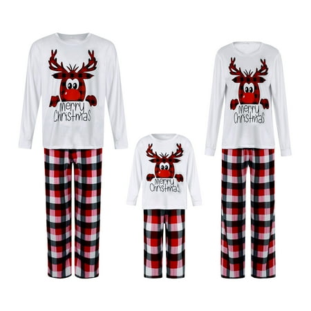 

Family Matching Christmas Pajamas Set Reindeer Print T-Shirt + Plaid Pants Sleepwear for Adults Kids