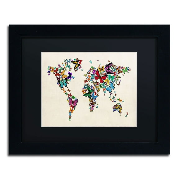 Trademark Fine Art "Butterflies Map of the World II" Canvas Art by Michael Tompsett, Black Matte, Black Frame