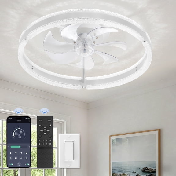 Lokivas 20 inch Modern Ceiling Fan with Light and APP & Remote Control, Low Profile Flush Mount Ceiling Fan, 6 Speeds, Ultra Quiet DC Motor, for Bedroom, Kitchen, Living Room - White
