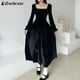 thumbnail image 4 of Vestido largo de terciopelo con encaje francés y cuello cuadrado para mujer, ajustado, de manga larga, negro, de cintura alta, elegante y elegante para fiesta, 4 of 6