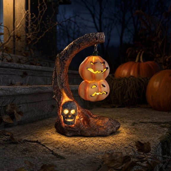 Dademeo Halloween Stacked Jack O Lantern Skull Tree Stand, Resin Light Up Pumpkin Lantern Statue, Spooky Indoor Outdoor Decor for Porch, Mantel, Yard, Party