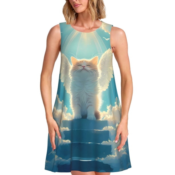 Disketp Sunshine Cute Winged Cat para Vestido sin Mangas para Mujeres, Vestidos de Verano para Mujeres, Casual y Holgado para la Playa