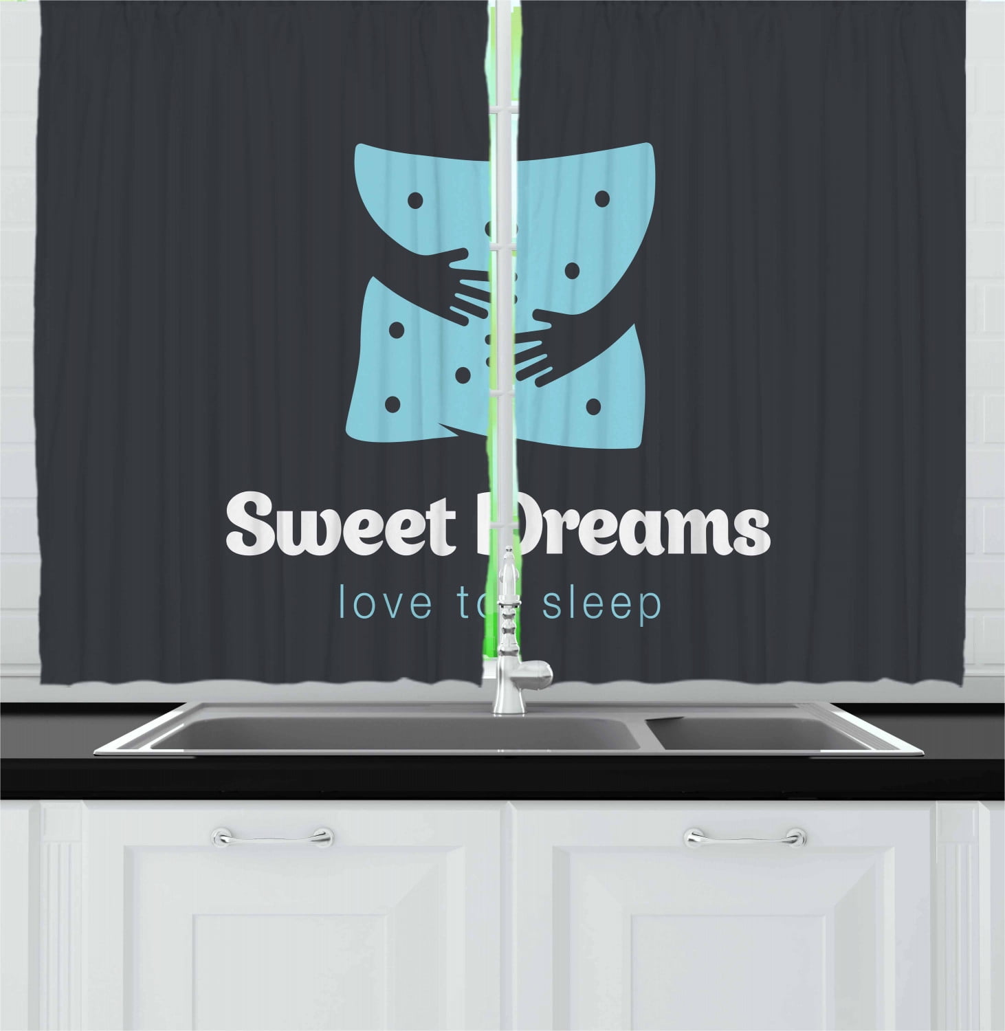 Sweet Dreams Curtains 2 Panels Set, Love to Sleep Hugging Arms Minimalist Simplistic Illustration, Window Drapes for Living Room Bedroom, 55W X 39L Inches, Charcoal Grey Pale Blue, by Ambesonne