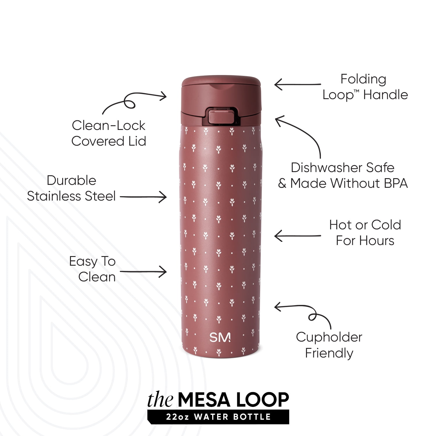 Simple Modern 22 fl oz Insulated Stainless Steel Mesa Loop Water Bottle with Covered Straw|Mauve Meadow