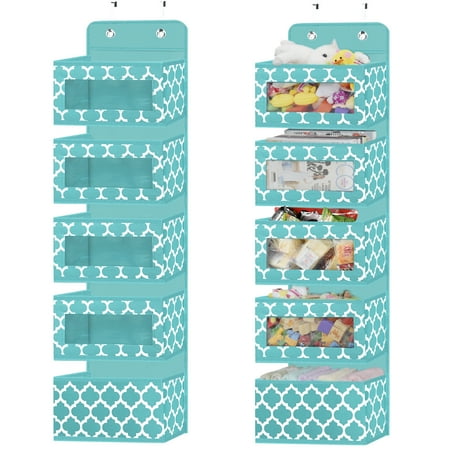Homyfort Over The Door Hanging Organizer, Foldable Behind Door Wall Mount Storage organizer, Closet Baby Door Organizer with Clear Windows, 2 Metal Hooks for Pantry, Nursery, Bathroom, Kitchen (Blue)